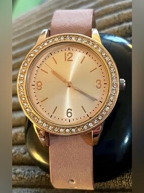 Crystal Bezel Rose Gold Dial Watch with Pink Leather Band extra black band
